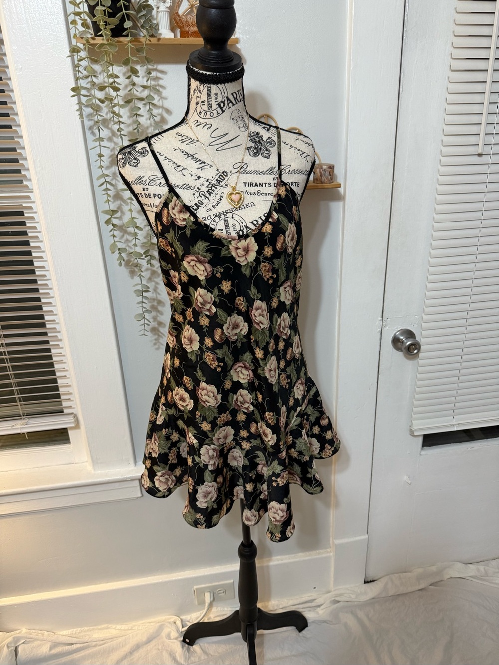 Floral Black Mini Slip Dress with Ruffle Hem